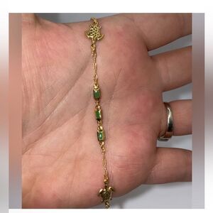 Elegant Gold and Green Beaded Turtle Bracelet- Gold Filled